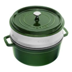 Staub 26 Cm Round Cast Iron Cocotte With Steamer Basil-green
